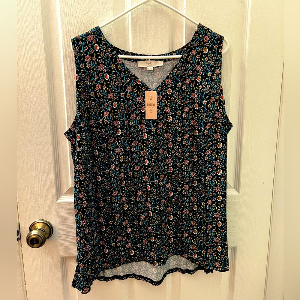 LOFT V-Neck Sleeveless Navy & w/ Red, Yellow & Blue Floral Print Blouse